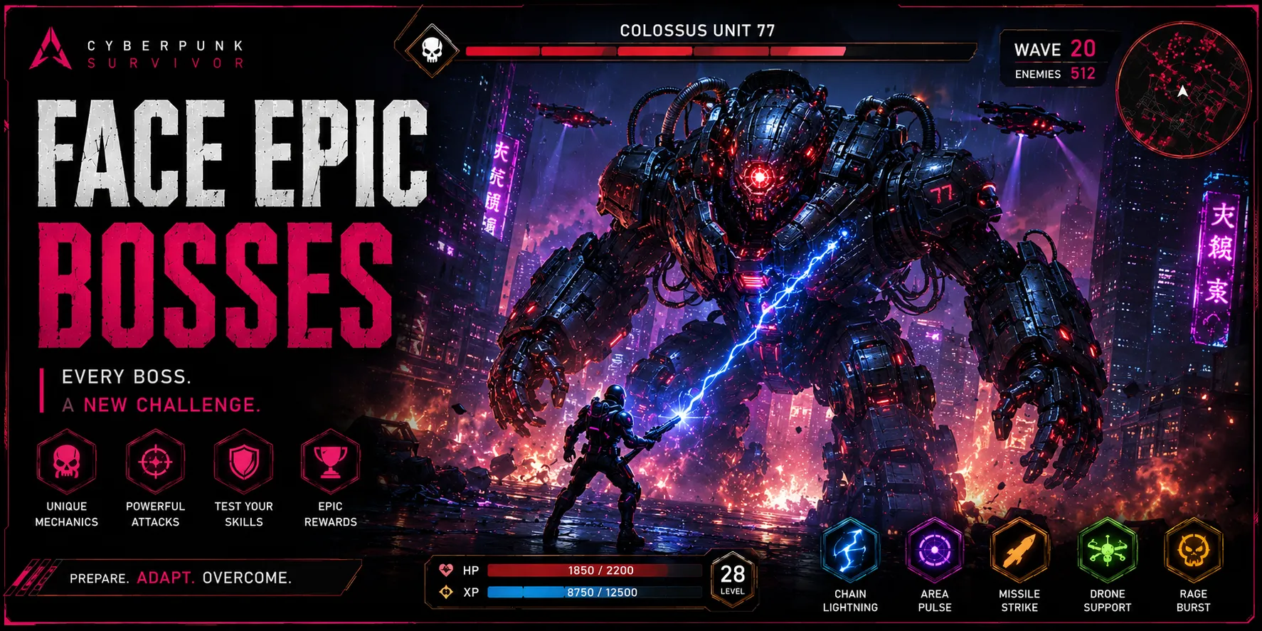 Cyberpunk Survivor'da Colossus Unit 77'ye karşı bölüm sonu canavarı karşılaşması.