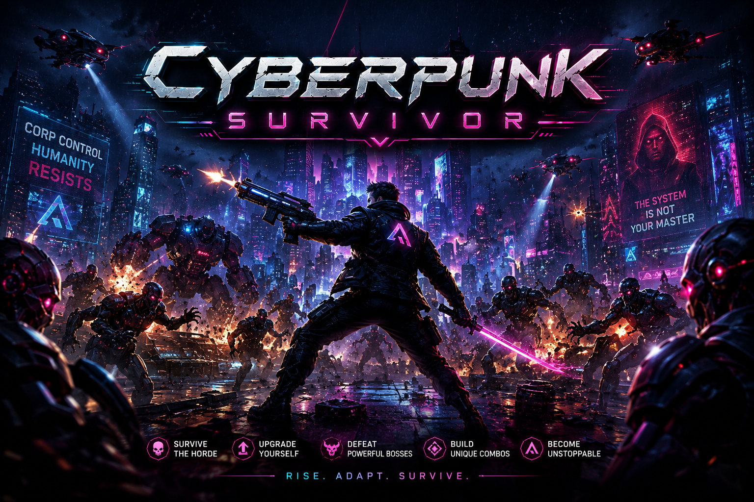 Atlas facing a cybernetic horde in the neon city of Cyberpunk Survivor.