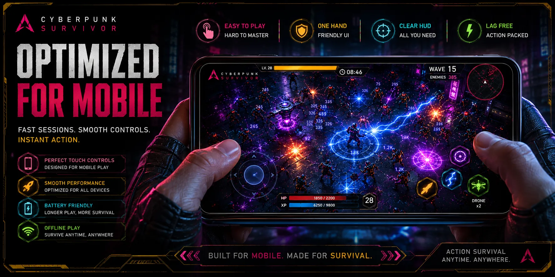 Cyberpunk Survivor'ın dokunmatik kontrollerle mobil cihazda oynanışı.
