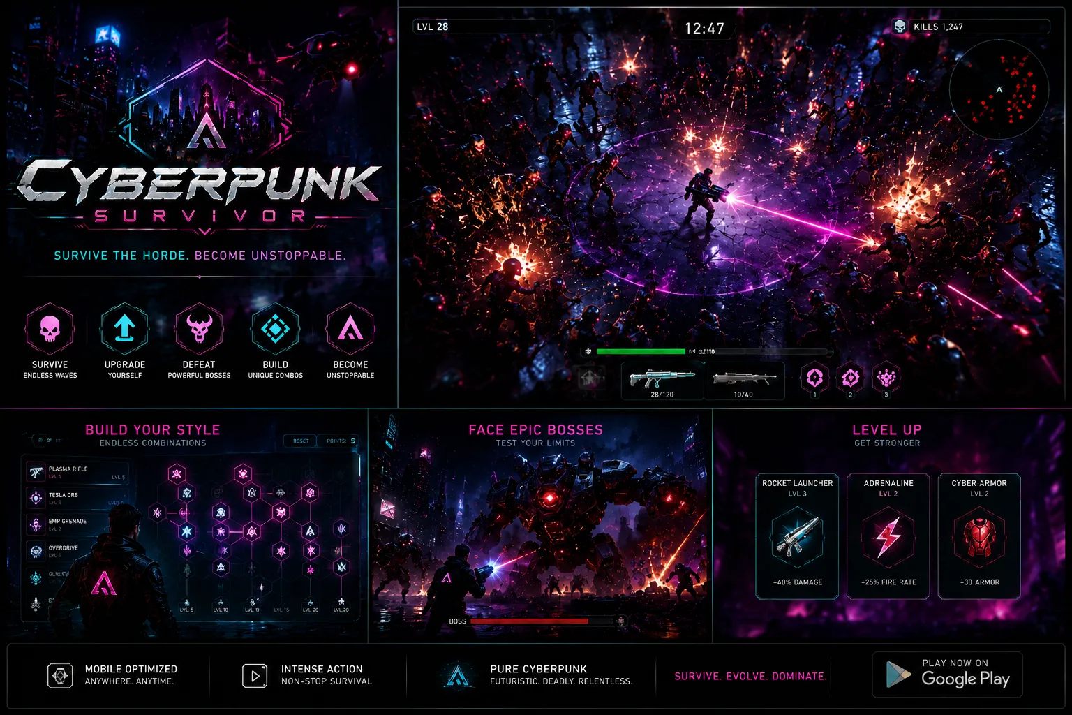 Promotional composition showing Cyberpunk Survivor horde combat, an upgrade tree, a boss encounter, and level-up choices.
