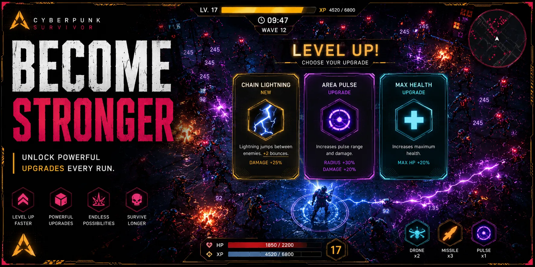 Cyberpunk Survivor'da üç yükseltme seçeneği sunan seviye atlama ekranı.