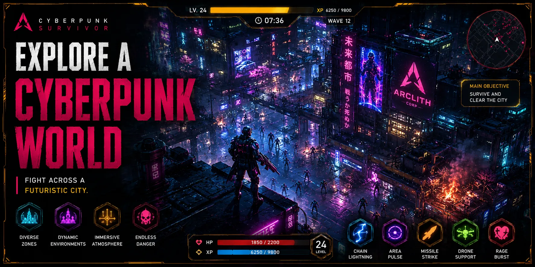 Cyberpunk Survivor'ın yukarıdan görülen fütüristik şehir ortamı.