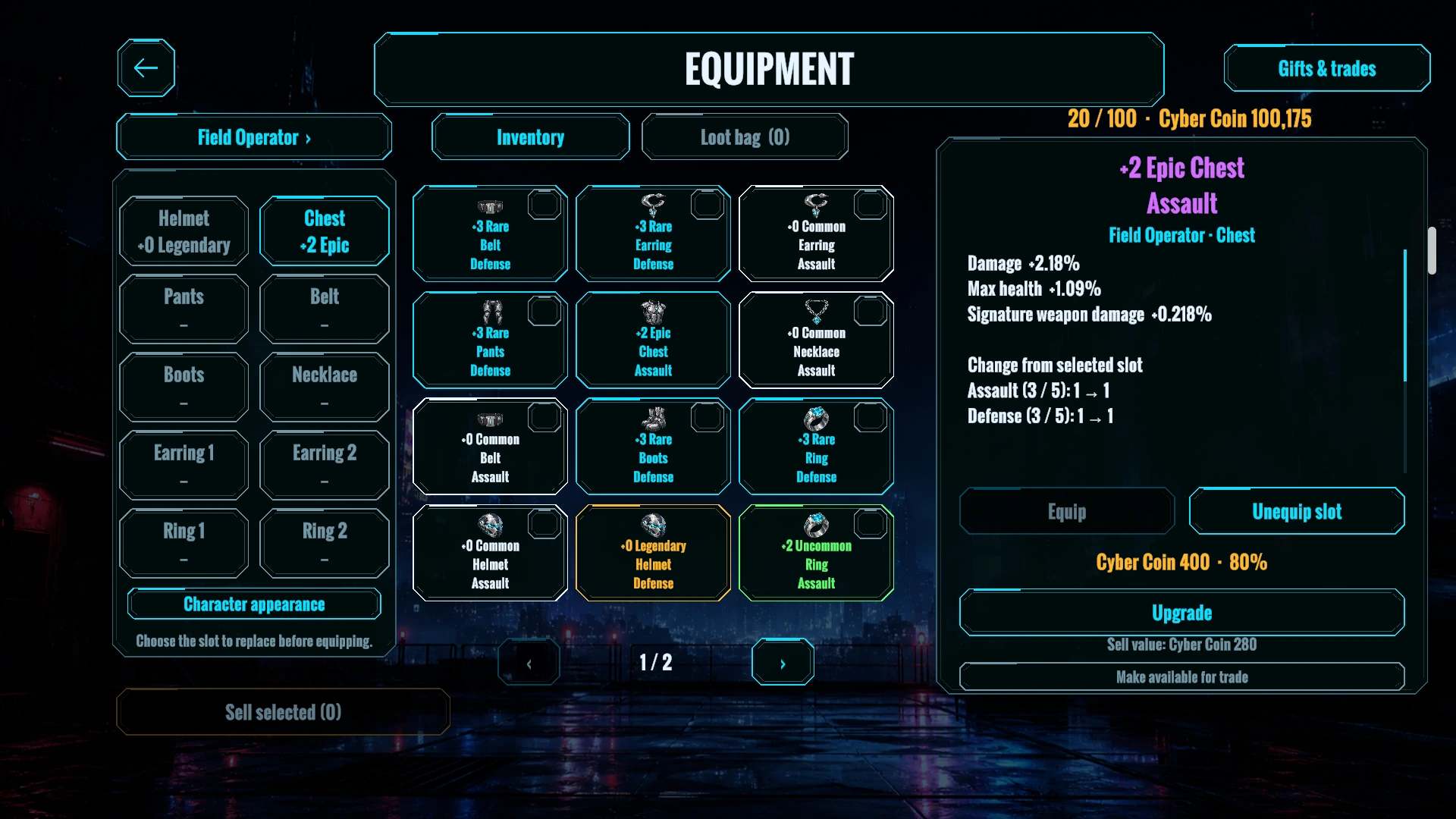 Inventory shows wearable equipment, slots and item bonuses.