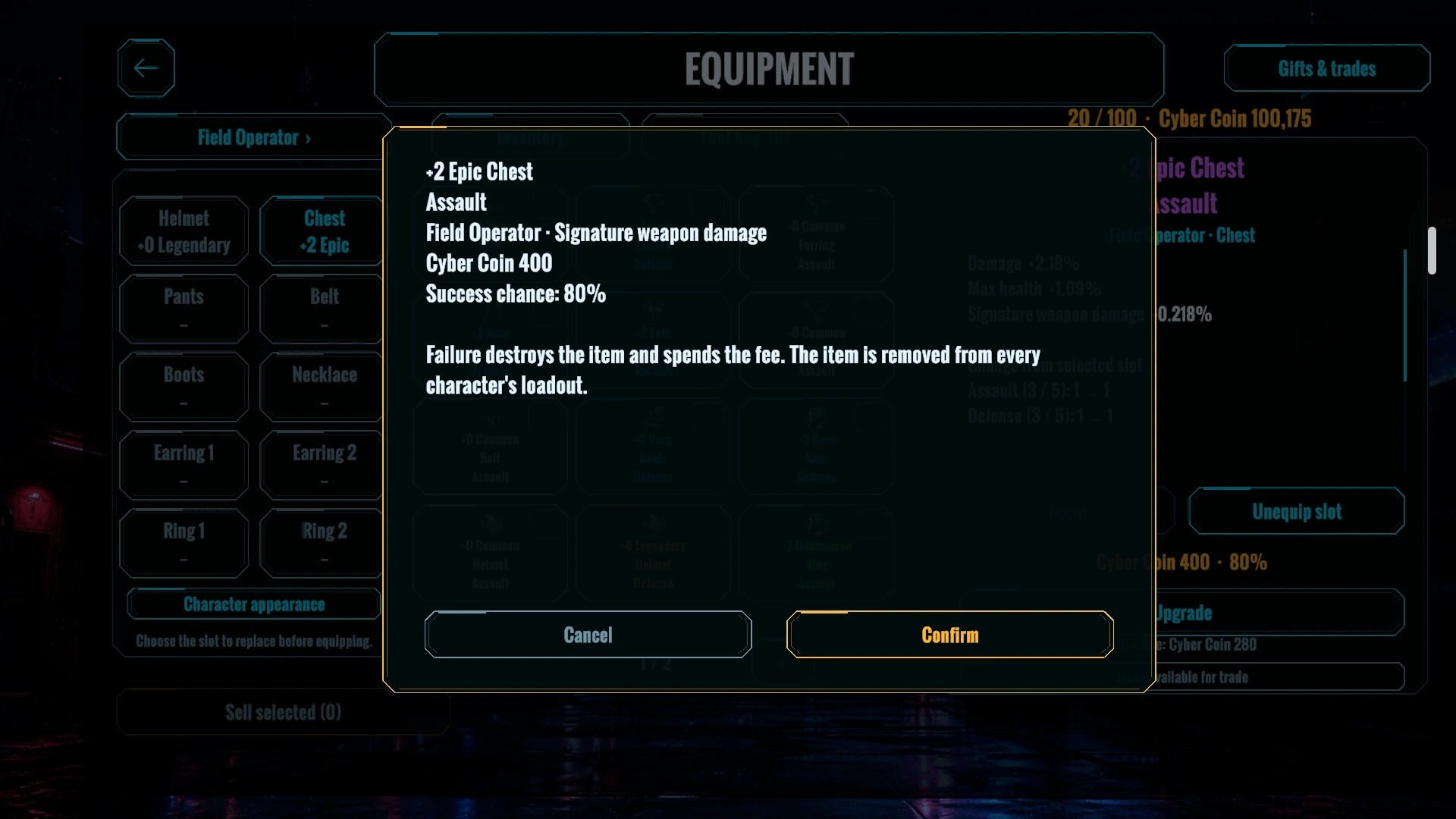 Equipment upgrade screen shows Cyber Coin cost, success chance and item loss risk.
