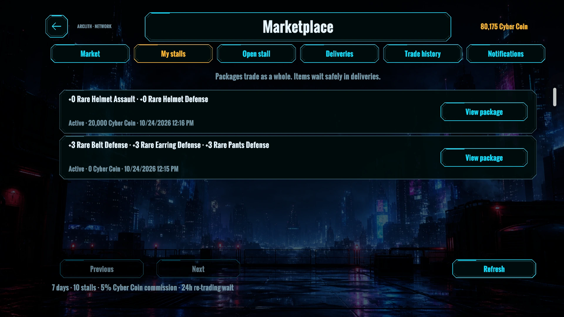 The player marketplace shows equipment selling stalls and buying requests with their item and Cyber Coin terms.