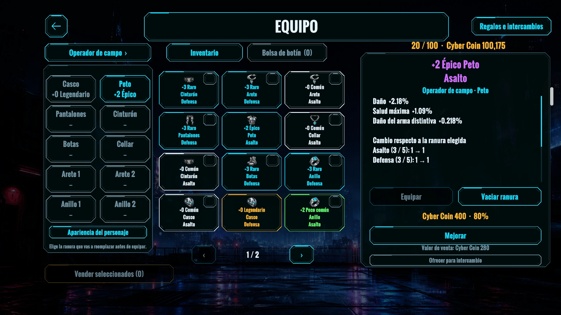 El inventario muestra equipo, espacios disponibles y bonificaciones de objetos.