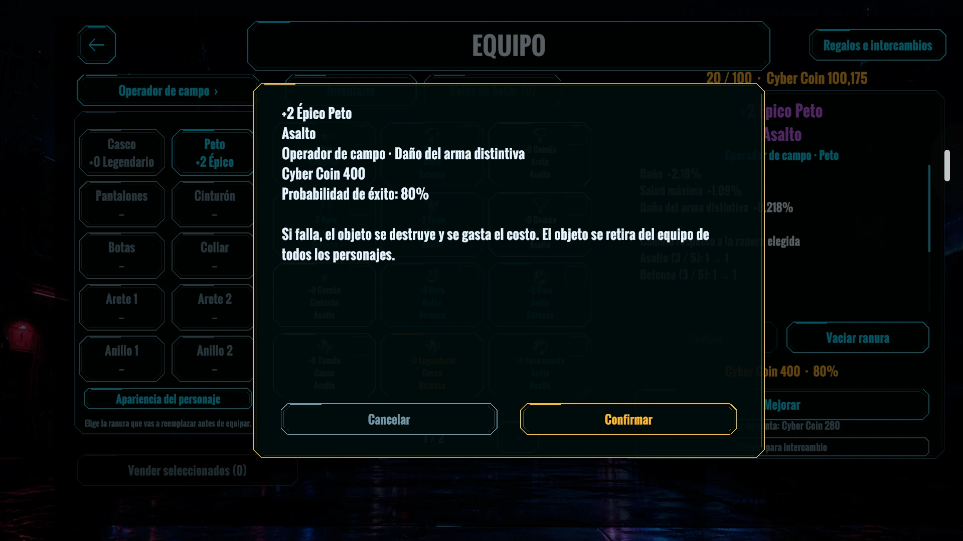 La pantalla de mejora muestra el costo en Cyber Coin, la probabilidad de éxito y el riesgo de perder el objeto.