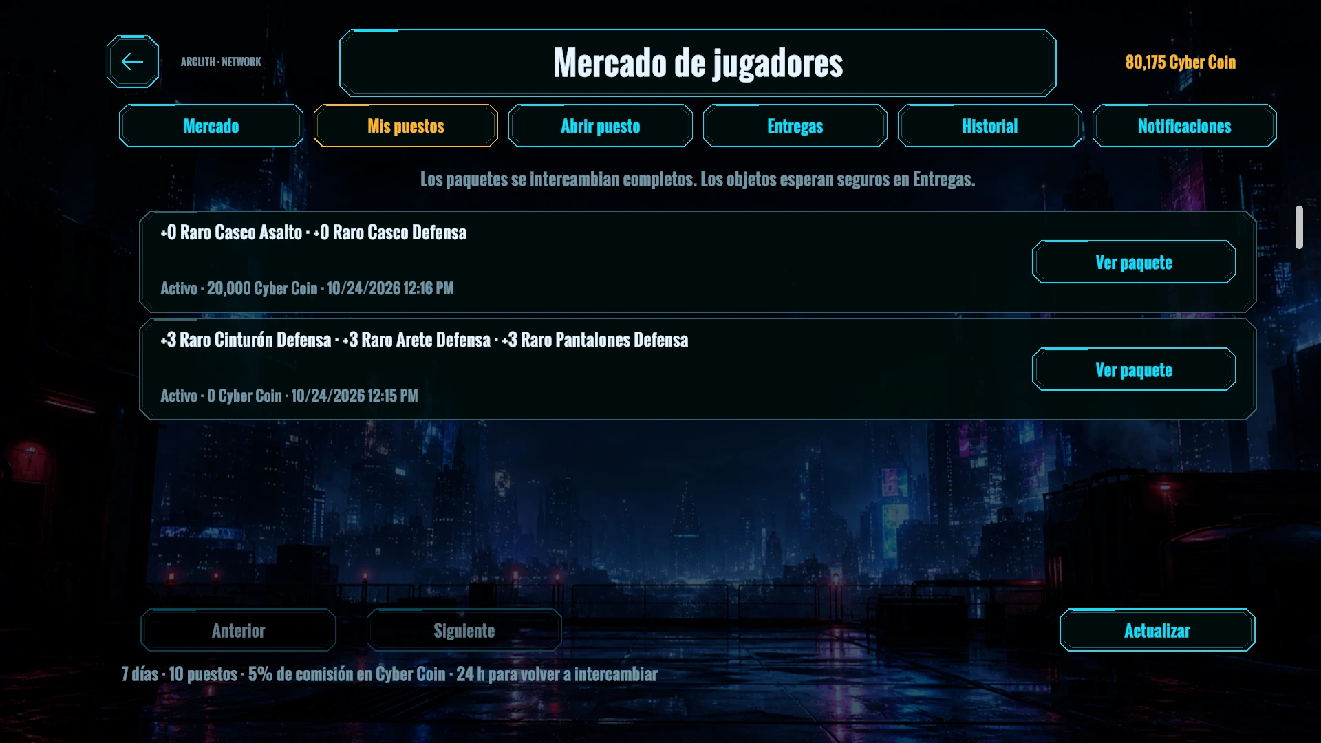 El mercado muestra puestos de venta y solicitudes de compra de equipo con sus condiciones de objetos y Cyber Coin.