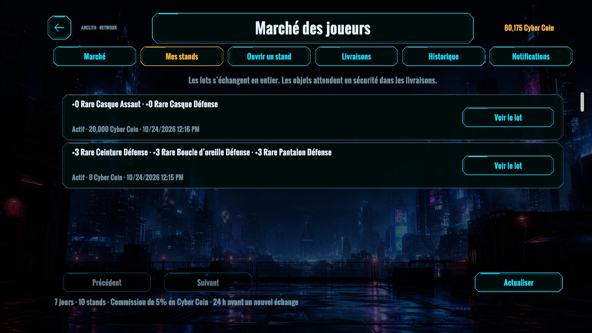Le marché présente des étals de vente et des demandes d'achat d'équipement avec leurs conditions en objets et Cyber Coin.