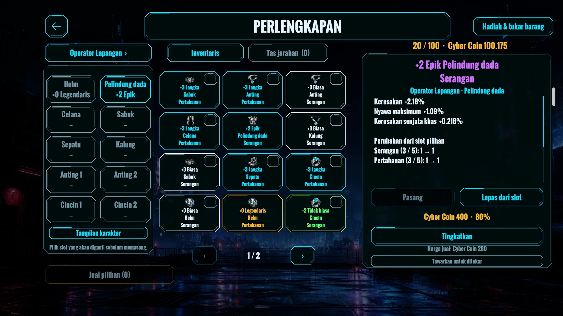 Inventaris menampilkan perlengkapan, slot, dan bonus item.