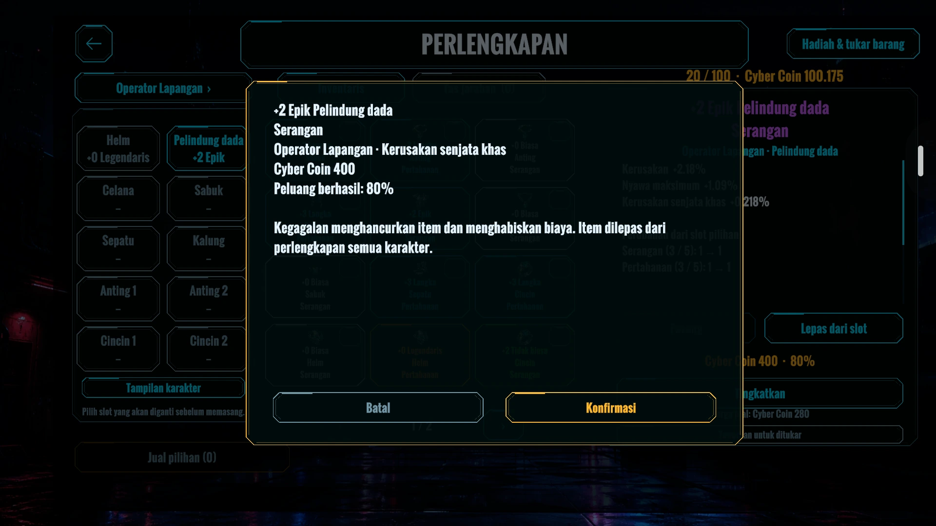Layar peningkatan menampilkan biaya Cyber Coin, peluang berhasil, dan risiko kehilangan item.