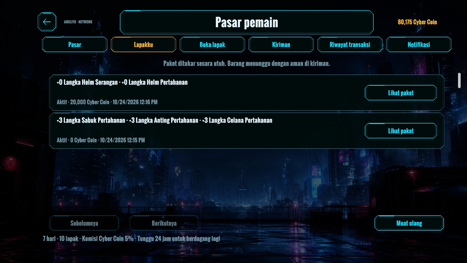 Pasar pemain menampilkan lapak jual perlengkapan dan permintaan beli beserta syarat barang dan Cyber Coin.