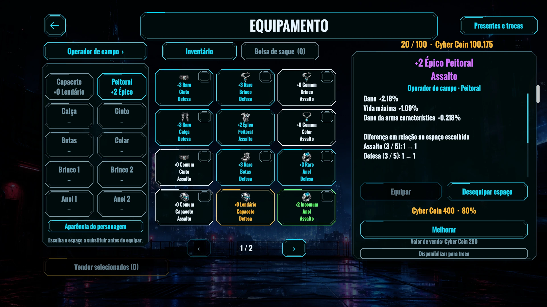 O inventário mostra equipamentos, espaços e bônus dos itens.