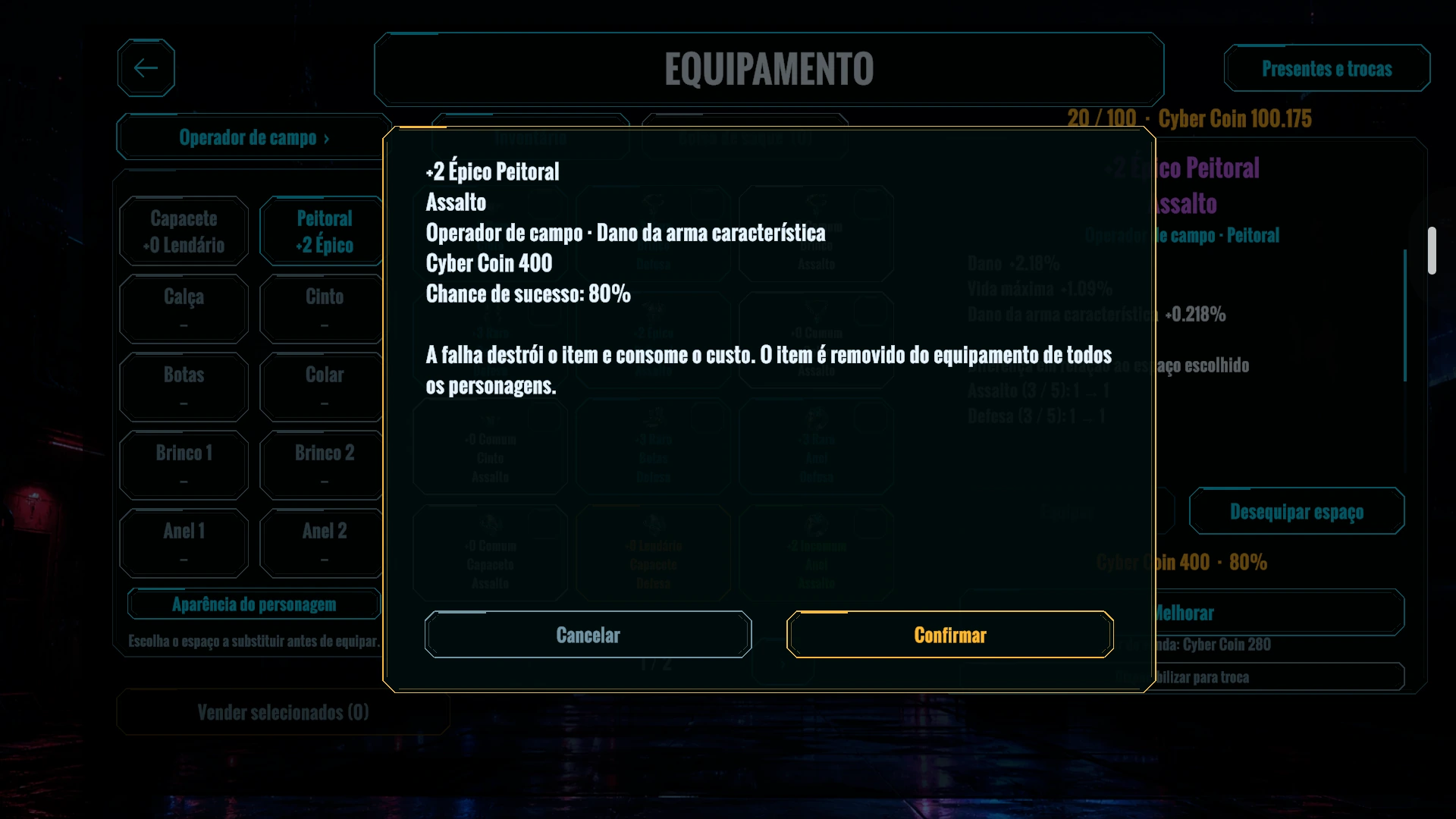 A tela de aprimoramento mostra o custo em Cyber Coin, a chance de sucesso e o risco de perder o item.