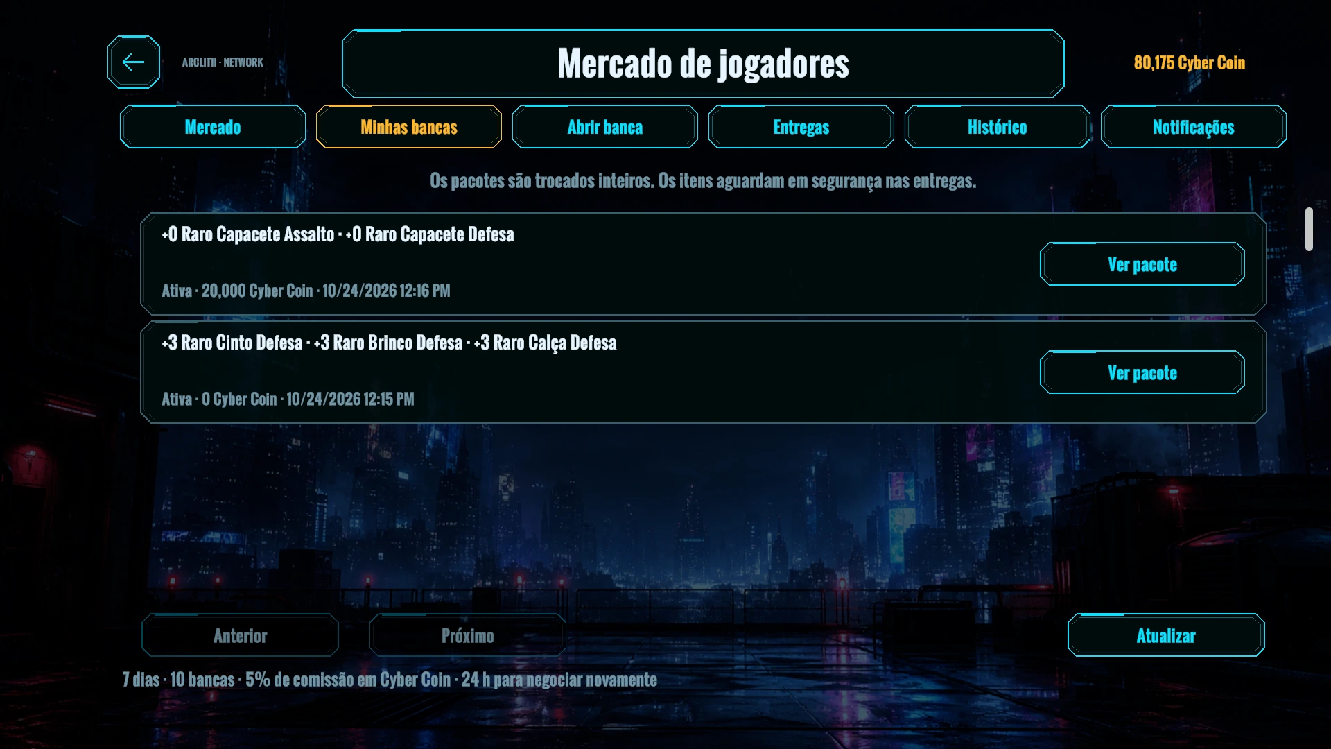 O mercado mostra bancas de venda e pedidos de compra de equipamentos com os itens e Cyber Coin exigidos.