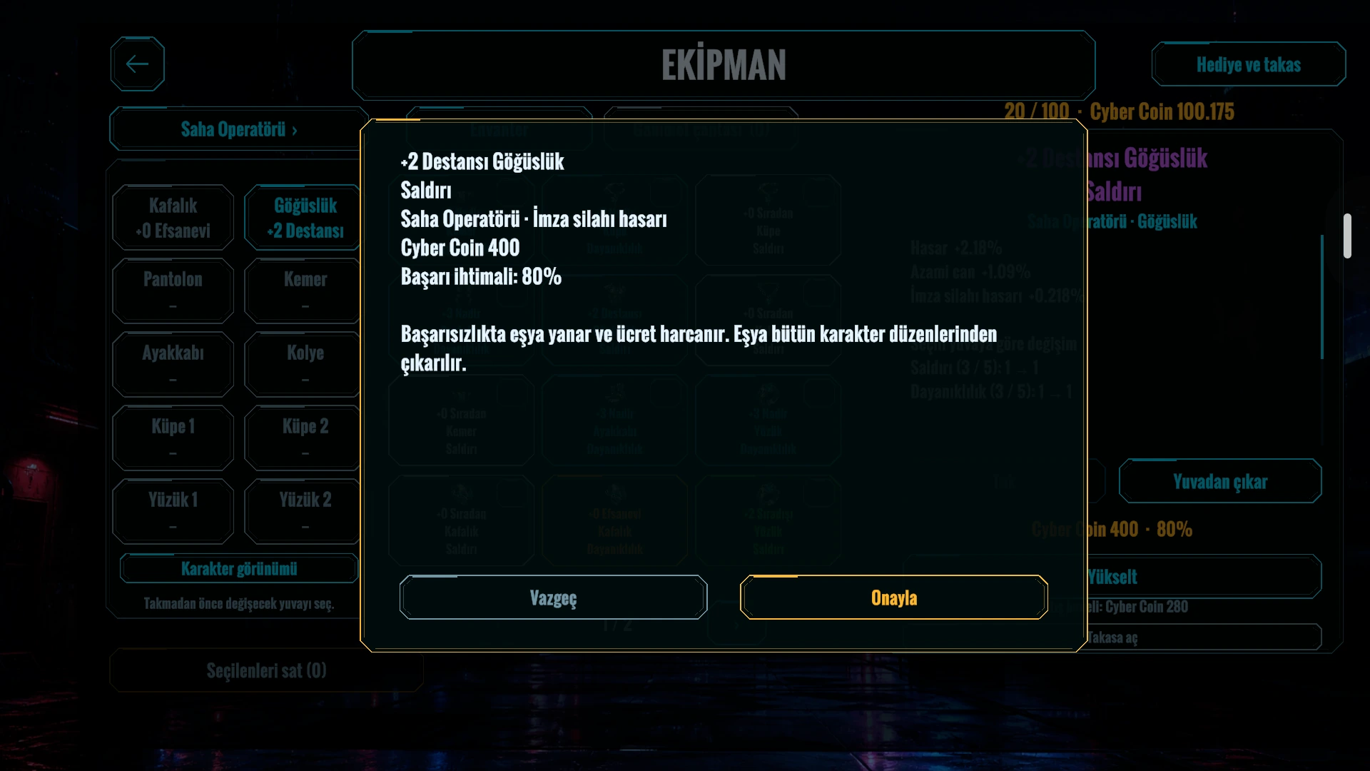 Ekipman yükseltme ekranında Cyber Coin ücreti, başarı ihtimali ve eşya kaybı riski görünüyor.