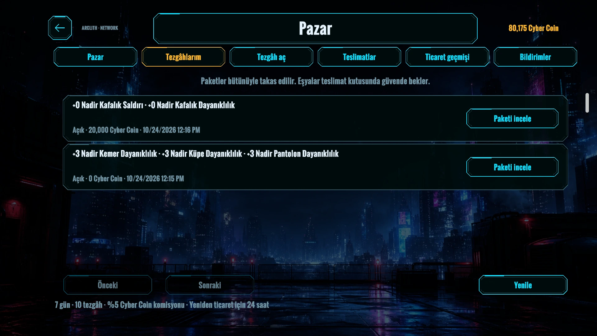 Oyuncu pazarında ekipman satış tezgâhları ve alış talepleri, eşya ve Cyber Coin şartlarıyla gösteriliyor.