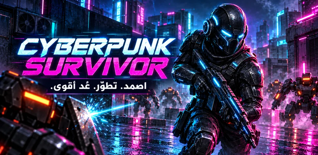 Cyberpunk Survivor: مقاتل منفرد وروبوتات تقترب؛ رسم ترويجي.