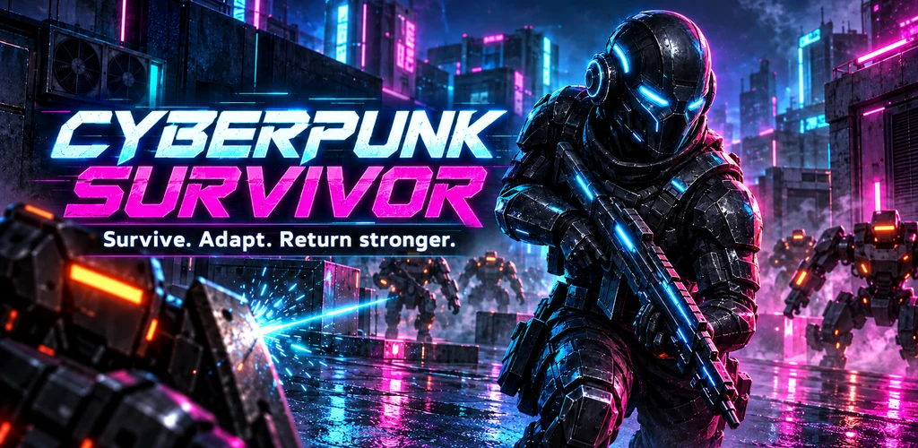 Cyberpunk Survivor: a lone operator and approaching robots; promotional artwork.
