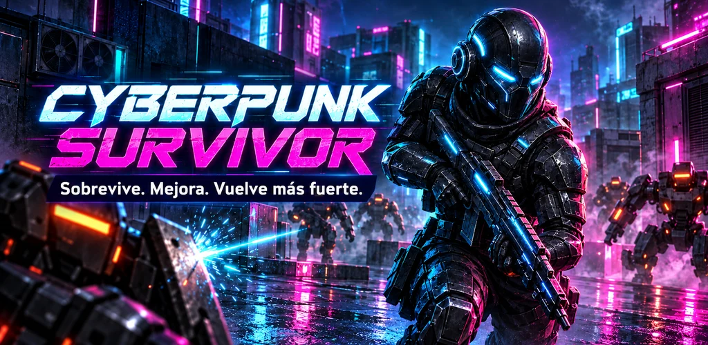 Cyberpunk Survivor: un operador solitario y robots acercándose; ilustración promocional.