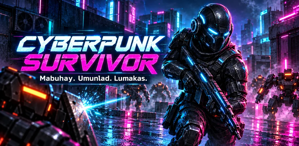 Cyberpunk Survivor: isang operator at paparating na mga robot; larawang pang-promosyon.