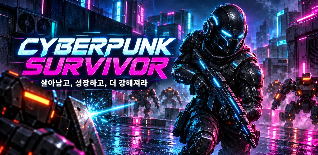 Cyberpunk Survivor: 홀로 선 오퍼레이터와 다가오는 로봇을 그린 홍보 이미지.