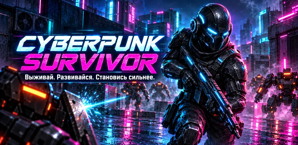 Cyberpunk Survivor: один оператор и приближающиеся роботы; рекламная иллюстрация.