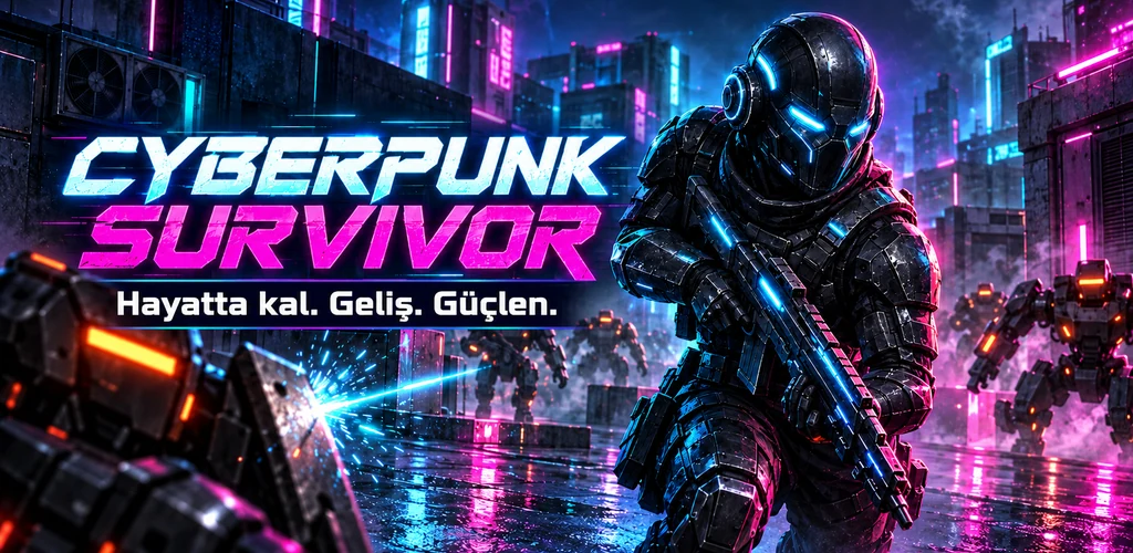 Cyberpunk Survivor: tek bir operatör ve yaklaşan robotlar; tanıtım çizimi.